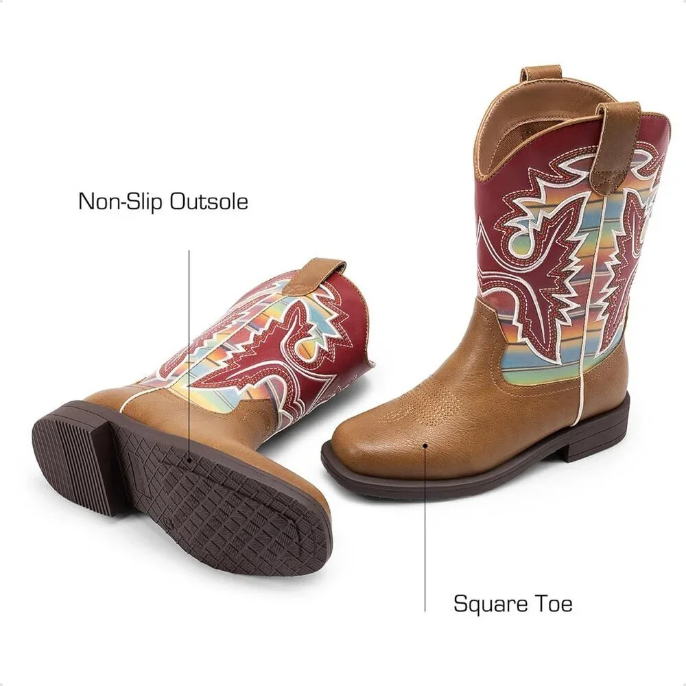 ⚡Girls Brown Multi Cowboy Boots Toddler Mid Calf Western Square Toe Riding Boot